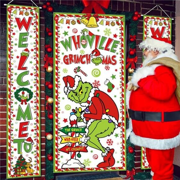 3Pcs Christmas Decor, Christmas Porch Sign Door Cover Banner Set for Christmas - Picture 7 of 8